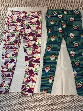 LuLaRoe Women's Christmas Santa Leggings - Purple & Green